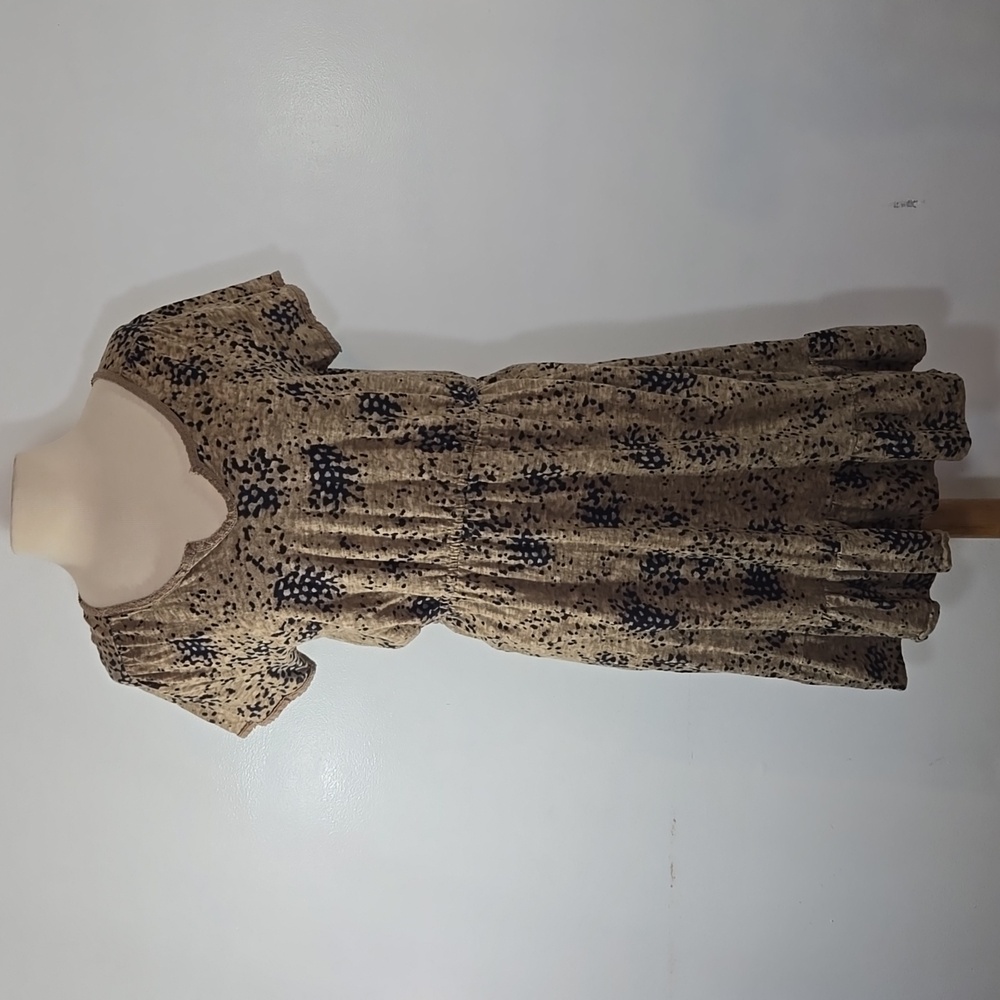 Lucky Brand Short Sleeve Cotton Tan & Blue Print Dress Large